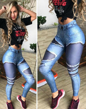 Load image into Gallery viewer, Ripped Jeans Print Push Up Leggings